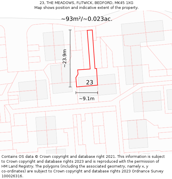23, THE MEADOWS, FLITWICK, BEDFORD, MK45 1XG: Plot and title map