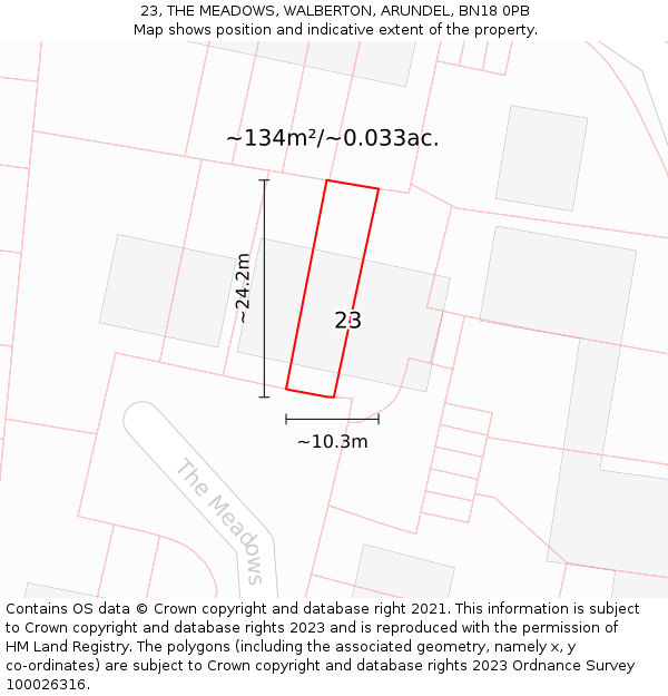 23, THE MEADOWS, WALBERTON, ARUNDEL, BN18 0PB: Plot and title map