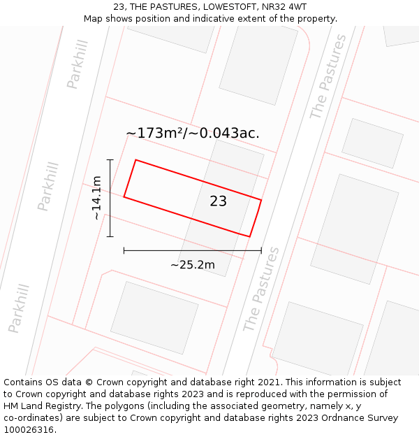 23, THE PASTURES, LOWESTOFT, NR32 4WT: Plot and title map