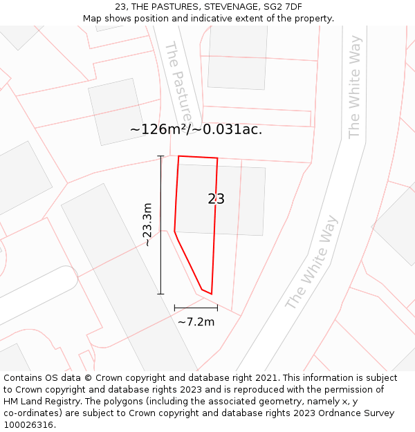 23, THE PASTURES, STEVENAGE, SG2 7DF: Plot and title map