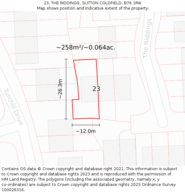 23, THE RIDDINGS, SUTTON COLDFIELD, B76 1RW: Plot and title map