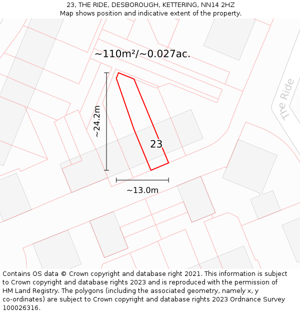 23, THE RIDE, DESBOROUGH, KETTERING, NN14 2HZ: Plot and title map