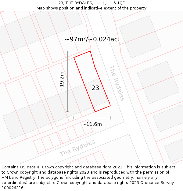 23, THE RYDALES, HULL, HU5 1QD: Plot and title map