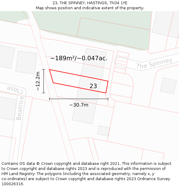 23, THE SPINNEY, HASTINGS, TN34 1YE: Plot and title map