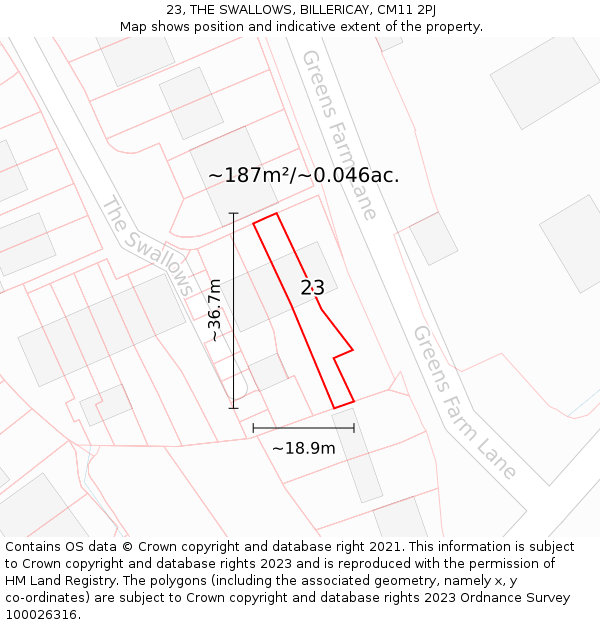 23, THE SWALLOWS, BILLERICAY, CM11 2PJ: Plot and title map