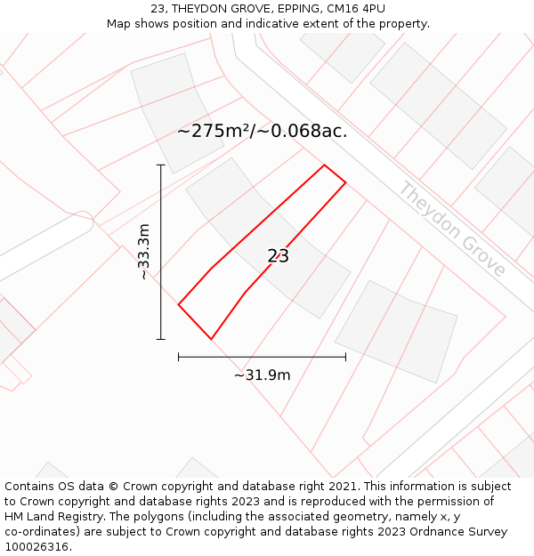 23, THEYDON GROVE, EPPING, CM16 4PU: Plot and title map