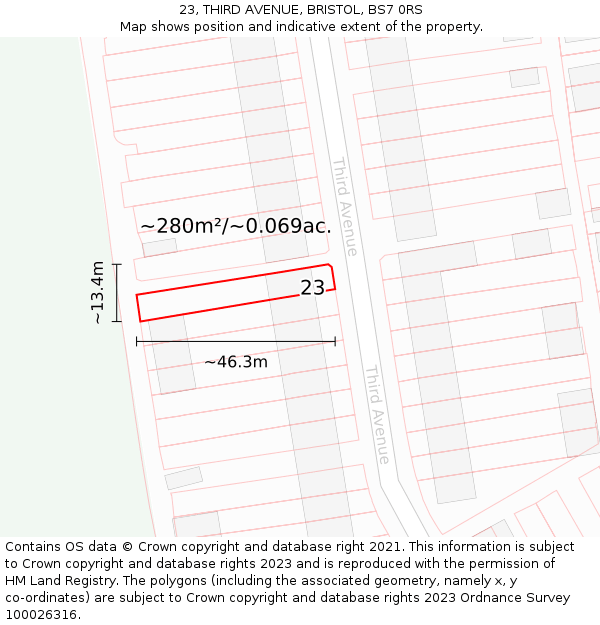 23, THIRD AVENUE, BRISTOL, BS7 0RS: Plot and title map