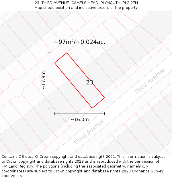 23, THIRD AVENUE, CAMELS HEAD, PLYMOUTH, PL2 2EH: Plot and title map