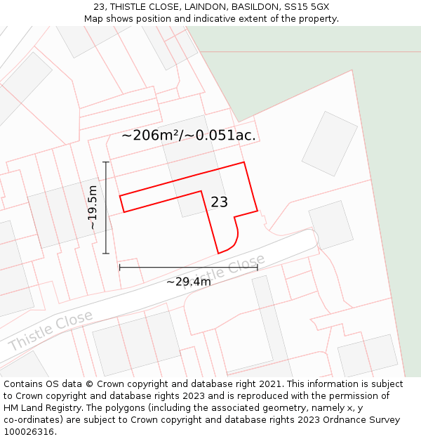 23, THISTLE CLOSE, LAINDON, BASILDON, SS15 5GX: Plot and title map