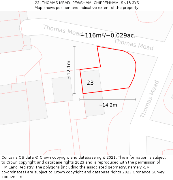 23, THOMAS MEAD, PEWSHAM, CHIPPENHAM, SN15 3YS: Plot and title map
