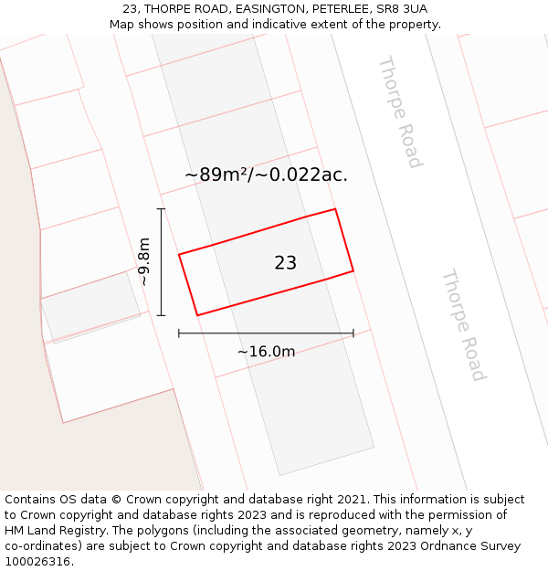 23, THORPE ROAD, EASINGTON, PETERLEE, SR8 3UA: Plot and title map