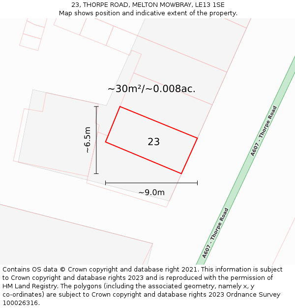 23, THORPE ROAD, MELTON MOWBRAY, LE13 1SE: Plot and title map