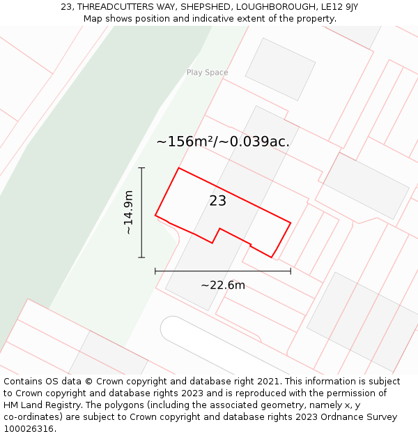23, THREADCUTTERS WAY, SHEPSHED, LOUGHBOROUGH, LE12 9JY: Plot and title map