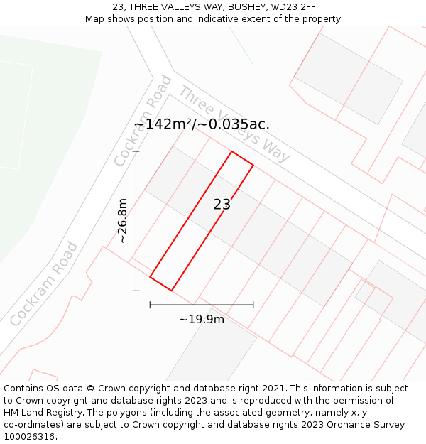 23, THREE VALLEYS WAY, BUSHEY, WD23 2FF: Plot and title map