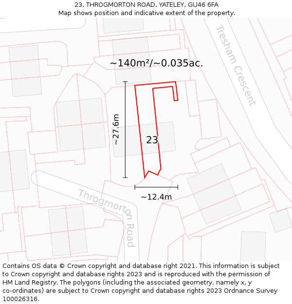 23, THROGMORTON ROAD, YATELEY, GU46 6FA: Plot and title map