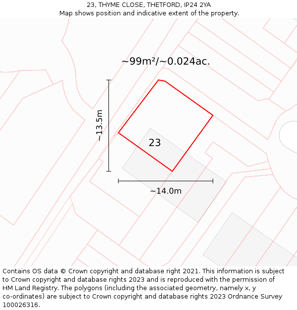 23, THYME CLOSE, THETFORD, IP24 2YA: Plot and title map