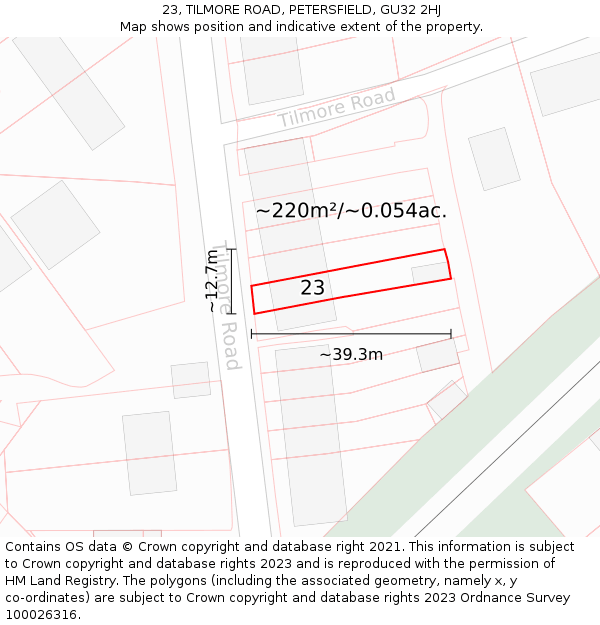 23, TILMORE ROAD, PETERSFIELD, GU32 2HJ: Plot and title map