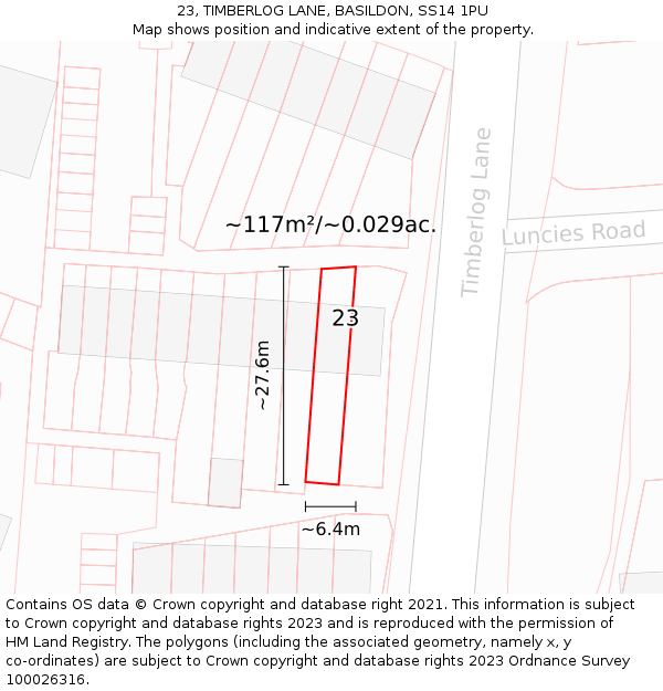 23, TIMBERLOG LANE, BASILDON, SS14 1PU: Plot and title map