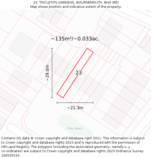 23, TINCLETON GARDENS, BOURNEMOUTH, BH9 3RD: Plot and title map