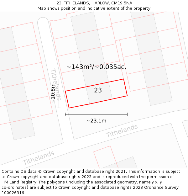 23, TITHELANDS, HARLOW, CM19 5NA: Plot and title map