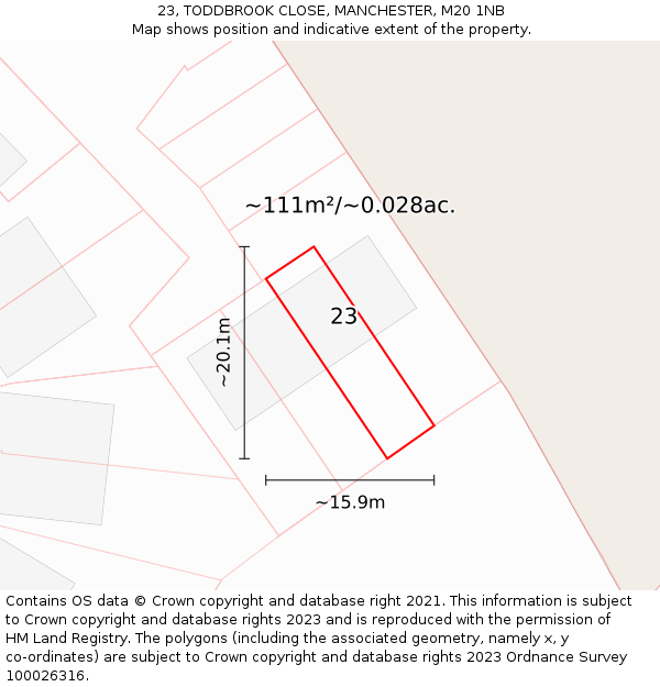 23, TODDBROOK CLOSE, MANCHESTER, M20 1NB: Plot and title map