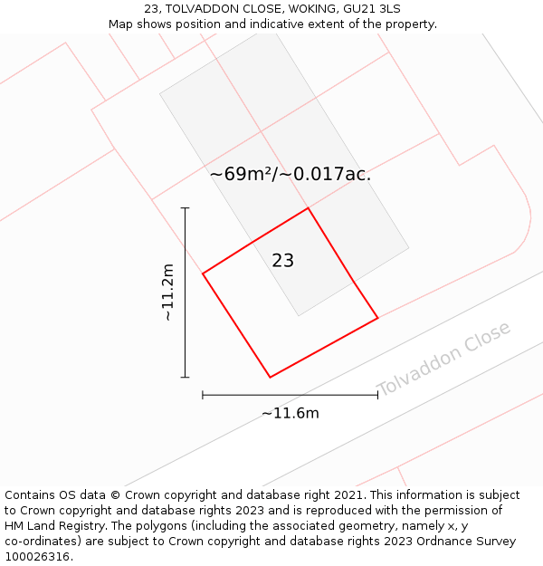23, TOLVADDON CLOSE, WOKING, GU21 3LS: Plot and title map