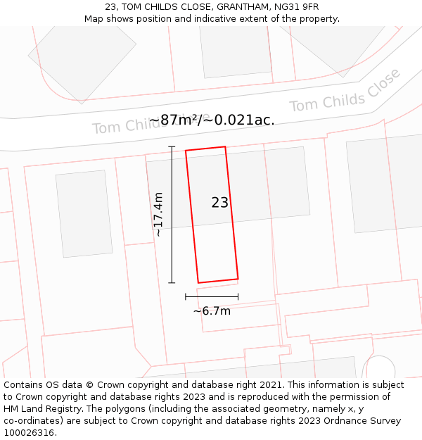 23, TOM CHILDS CLOSE, GRANTHAM, NG31 9FR: Plot and title map