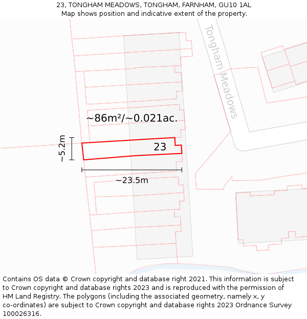 23, TONGHAM MEADOWS, TONGHAM, FARNHAM, GU10 1AL: Plot and title map