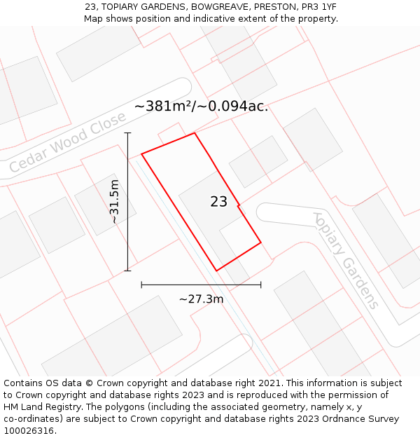 23, TOPIARY GARDENS, BOWGREAVE, PRESTON, PR3 1YF: Plot and title map