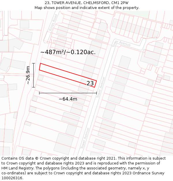 23, TOWER AVENUE, CHELMSFORD, CM1 2PW: Plot and title map