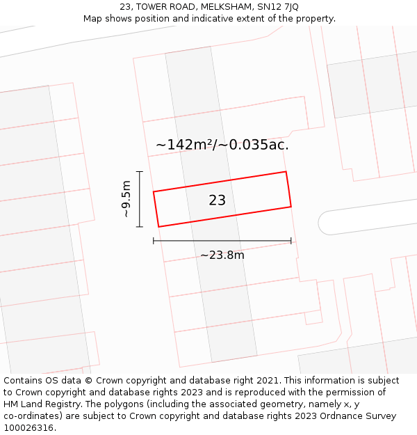 23, TOWER ROAD, MELKSHAM, SN12 7JQ: Plot and title map