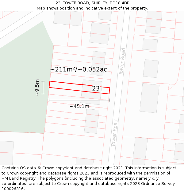 23, TOWER ROAD, SHIPLEY, BD18 4BP: Plot and title map