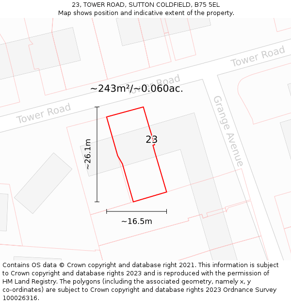 23, TOWER ROAD, SUTTON COLDFIELD, B75 5EL: Plot and title map