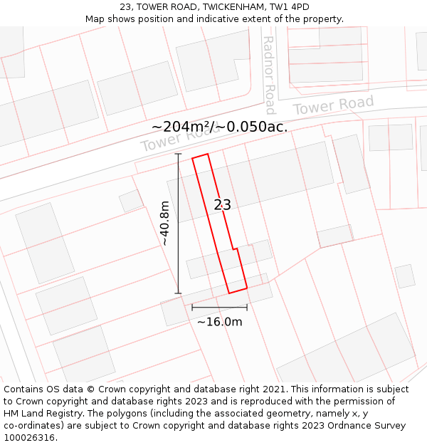 23, TOWER ROAD, TWICKENHAM, TW1 4PD: Plot and title map
