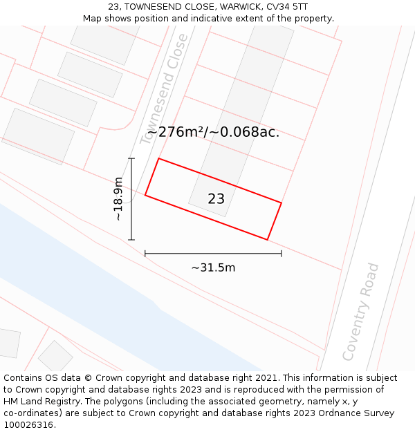 23, TOWNESEND CLOSE, WARWICK, CV34 5TT: Plot and title map