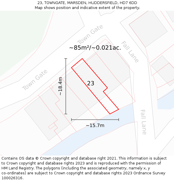23, TOWNGATE, MARSDEN, HUDDERSFIELD, HD7 6DD: Plot and title map