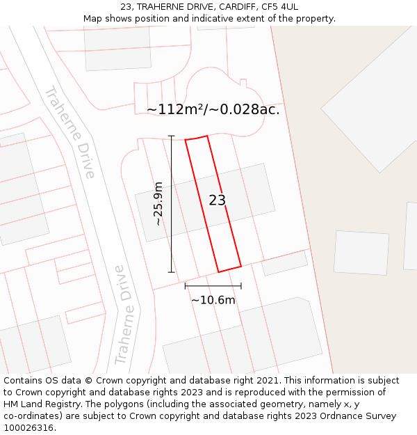 23, TRAHERNE DRIVE, CARDIFF, CF5 4UL: Plot and title map