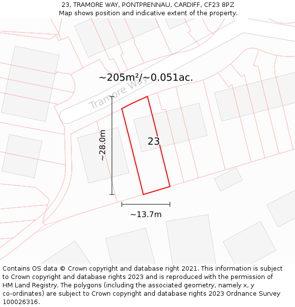 23, TRAMORE WAY, PONTPRENNAU, CARDIFF, CF23 8PZ: Plot and title map