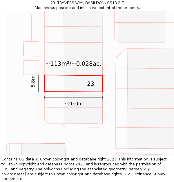 23, TRAVERS WAY, BASILDON, SS13 3LT: Plot and title map