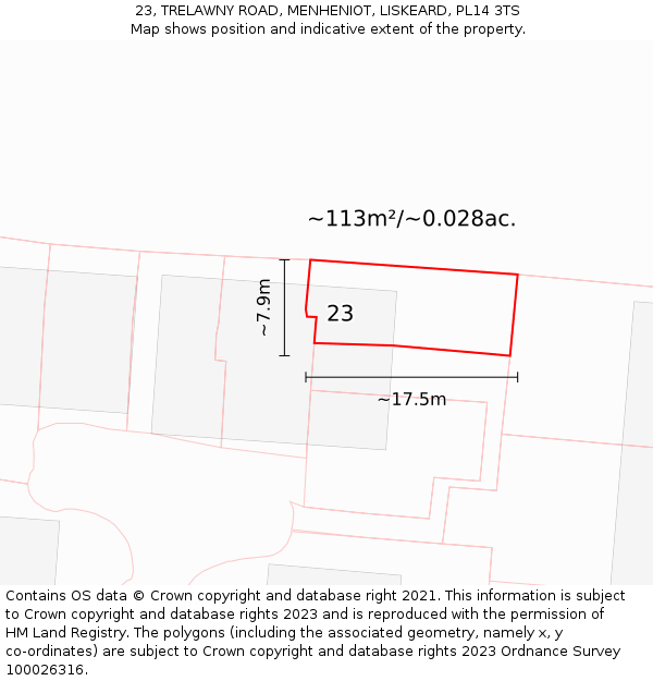 23, TRELAWNY ROAD, MENHENIOT, LISKEARD, PL14 3TS: Plot and title map