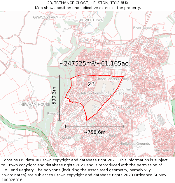 23, TRENANCE CLOSE, HELSTON, TR13 8UX: Plot and title map