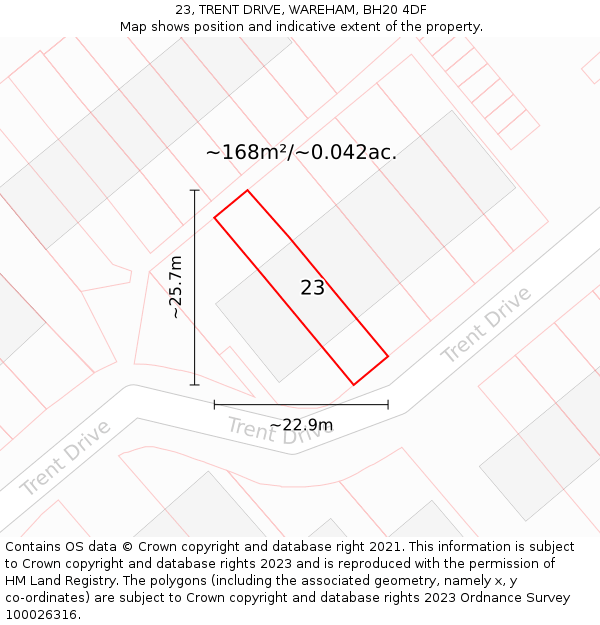 23, TRENT DRIVE, WAREHAM, BH20 4DF: Plot and title map