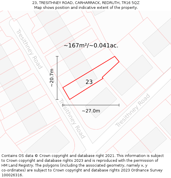 23, TRESITHNEY ROAD, CARHARRACK, REDRUTH, TR16 5QZ: Plot and title map