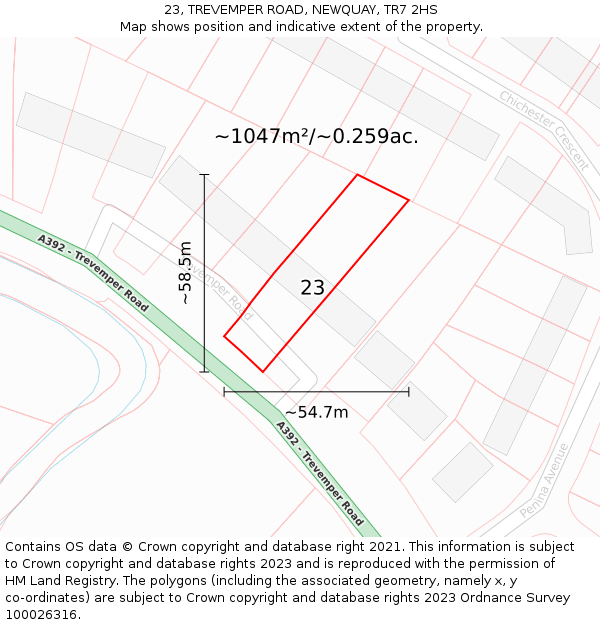 23, TREVEMPER ROAD, NEWQUAY, TR7 2HS: Plot and title map