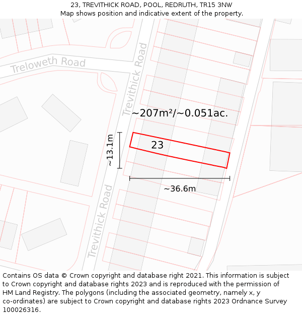 23, TREVITHICK ROAD, POOL, REDRUTH, TR15 3NW: Plot and title map