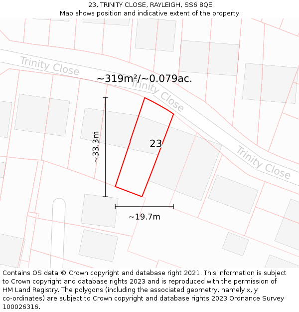 23, TRINITY CLOSE, RAYLEIGH, SS6 8QE: Plot and title map