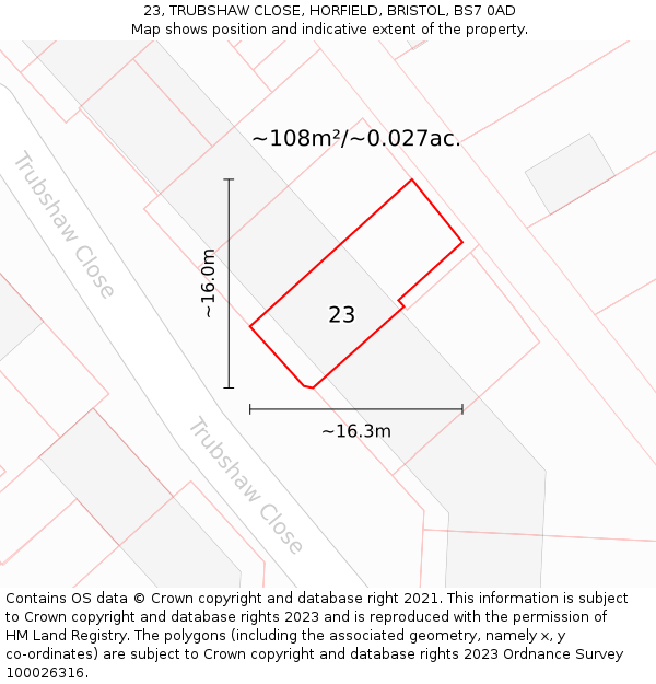 23, TRUBSHAW CLOSE, HORFIELD, BRISTOL, BS7 0AD: Plot and title map