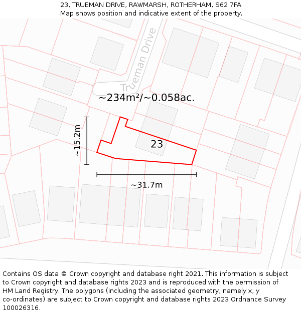 23, TRUEMAN DRIVE, RAWMARSH, ROTHERHAM, S62 7FA: Plot and title map