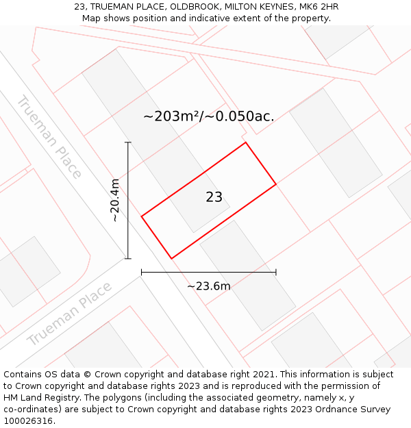 23, TRUEMAN PLACE, OLDBROOK, MILTON KEYNES, MK6 2HR: Plot and title map