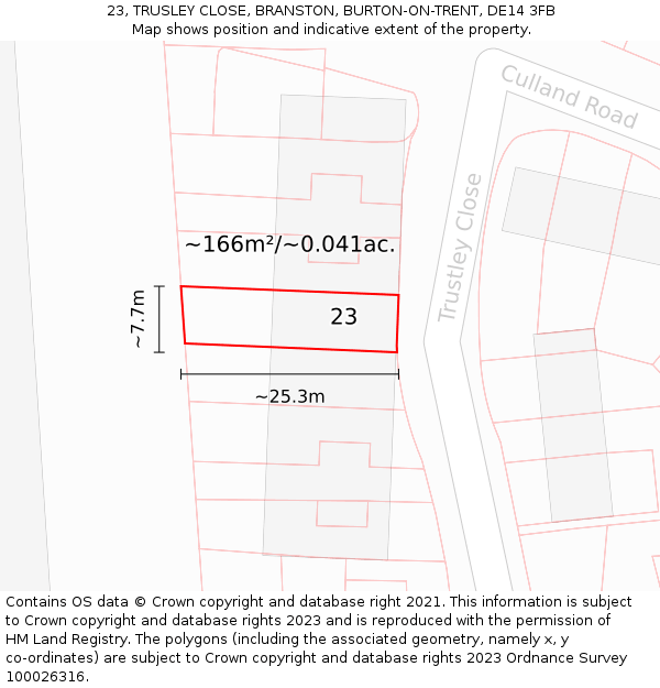 23, TRUSLEY CLOSE, BRANSTON, BURTON-ON-TRENT, DE14 3FB: Plot and title map